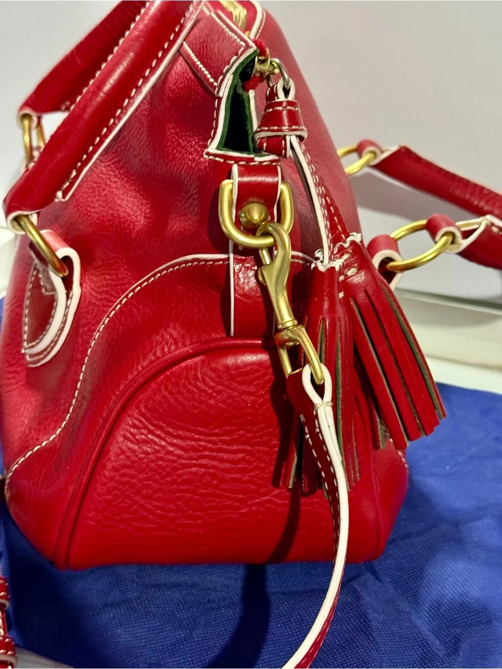Dooney & Bourke Red Leather Satchel Tassel Crossbody Strap Florentine Savannah